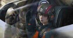 Rule 34 | 1girl, 1other, absurdres, aqua eyes, armor, black hair, cockpit, commentary, eagle 1 (helldivers), english commentary, gloves, helldiver (helldivers), helldivers (series), helmet, highres, oxygen mask, pilot, pilot suit, reflection, salute, science fiction, short hair, skull, tally, xianggang jizhe