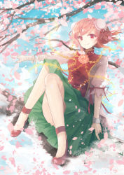 Rule 34 | 1girl, amputee, bandaged arm, bandages, blush, breasts, bun cover, cherry blossoms, chinese clothes, cuffs, double bun, flower, full body, furapechi, green skirt, hair bun, ibaraki kasen, in tree, looking at viewer, medium breasts, petals, pink eyes, pink flower, pink hair, pink rose, puffy short sleeves, puffy sleeves, rose, shackles, short hair, short sleeves, sitting, sitting in tree, skirt, smile, solo, tabard, touhou, tree
