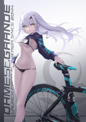 Rule 34 | 1girl, absurdres, artist request, bad id, bad twitter id, bicycle, bikini, black bikini, breasts, melusine (fate), fate/grand order, fate (series), forked eyebrows, highres, looking at viewer, navel, shrug (clothing), sidelocks, small breasts, solo, string bikini, swimsuit, white hair, yellow eyes