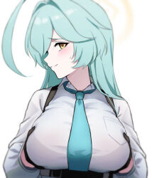 Rule 34 | 1girl, ahoge, aqua hair, aqua necktie, black gloves, blue archive, blue necktie, blush, breast pocket, breasts, chest harness, closed mouth, collared shirt, commentary, furrowed brow, gloves, grabbing own breast, halo, harness, huge ahoge, junu (jwoo5627), large breasts, long hair, long sleeves, looking at viewer, necktie, pocket, profile, shirt, sideways mouth, simple background, smile, solo, split mouth, sweatdrop, turning head, underbust, upper body, white background, white shirt, yellow eyes, yellow halo, yume (blue archive)