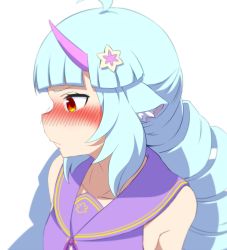 Rule 34 | 1girl, ahoge, animal ear fluff, animal ears, blue hair, blunt bangs, blush, closed mouth, collarbone, delmin (show by rock!!), drill hair, hair ornament, hinotama (hinotama422), horns, light blue hair, long hair, multicolored eyes, nose blush, pink horns, purple ribbon, purple sailor collar, red eyes, ribbon, sailor collar, show by rock!!, simple background, sleeveless, solo, twin drills, upper body, white background, yellow eyes