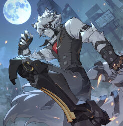 Rule 34 | 1boy, absurdres, animal ears, black pants, black vest, character name, chinese commentary, claws, copyright name, corin wickes, eyepatch, full moon, furry, furry male, highres, looking at viewer, male focus, moon, one eye covered, pants, prosthesis, prosthetic leg, red eyes, shirt, tail, vest, von lycaon, white shirt, wolf boy, wolf ears, wolf tail, wtk, zenless zone zero