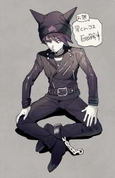 Rule 34 | 1boy, aoki (fumomo), belt, black belt, black footwear, black jacket, black pants, black shirt, chain, cigarette, commentary request, cosplay, danganronpa (series), danganronpa v3: killing harmony, fake horns, full body, grey background, hand on own knee, hat, horned headwear, horns, hoshi ryoma, hoshi ryoma (cosplay), jacket, leather, leather jacket, long sleeves, looking at viewer, male focus, momota kaito, mouth hold, pants, purple eyes, purple hair, shirt, shoes, short hair, simple background, sitting, solo, speech bubble, striped clothes, striped shirt, translation request, two-tone shirt, white shirt