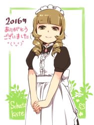 Rule 34 | 1girl, 2016, airi (schatzkiste), apron, arii erice, black dress, blunt bangs, border, bow, brown eyes, brown hair, bush, center frills, closed mouth, copyright name, curly hair, dated, dress, eyelashes, fingernails, flower, frilled apron, frilled hairband, frills, green border, hair ornament, hairband, highres, long hair, looking at viewer, maid, maid apron, outdoors, outside border, own hands together, pink lips, puffy short sleeves, puffy sleeves, ringlets, schatzkiste, shisetsu toshokan schatzkiste e youkoso! erice to yu kaina meido-tachi, short sleeves, sidelocks, smile, solo, tareme, translation request, white apron, white background, white bow, white hairband
