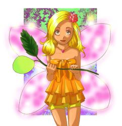 Rule 34 | blonde hair, bracelet, breasts, cleavage, dragon quest, dragon quest ix, dress, fairy, flower, hair flower, hair ornament, jewelry, level-5, lowres, necklace, sandy (dq9), wings, yellow eyes