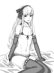 Rule 34 | 1boy, androgynous, bad id, bad pixiv id, bikini, bikini top only, crossdressing, elbow gloves, gloves, greyscale, hairband, lieqi hun, long hair, male focus, moire, monochrome, navel, original, simple background, sitting, solo, swimsuit, thighhighs, trap, very long hair, white background