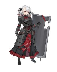 Rule 34 | 12-gauge, 12-gauge (2 3/4 inch shell), 1girl, absurdres, ammunition, armor, armored dress, breastplate, full body, gauntlets, girls&#039; frontline, grey hair, high brass, highres, holding, holding shield, looking at viewer, official alternate costume, overpressure ammunition, pouch, red eyes, shield, shotgun shell, shoulder armor, simple background, solo, spas-12 (goblin huntress) (girls&#039; frontline), standing, urrrt, white background