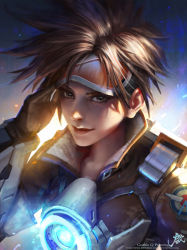 Rule 34 | 1girl, adjusting goggles, artist name, bodysuit, bomber jacket, brown eyes, brown hair, emblem, gloves, goggles, highres, image sample, jacket, jpeg artifacts, light smile, looking at viewer, overwatch, overwatch 1, patch, qichao wang, short hair, signature, solo, tracer (overwatch), upper body, watermark, web address