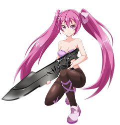 Rule 34 | 10s, 1girl, akame ga kill!, breasts, cleavage, hair ribbon, highres, legs, long hair, looking at viewer, mine (akame ga kill!), pantyhose, pink eyes, pink hair, ribbon, simple background, square enix, thighband pantyhose, thighs, twintails, very long hair, weapon, white background
