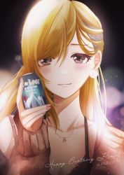 Rule 34 | 1girl, absurdres, black hair, blonde hair, blush, can, canned coffee, collarbone, dated, drink can, earrings, fujimoto rina, happy birthday, highres, idolmaster, idolmaster cinderella girls, jewelry, kumatsuki (no-kirin), light smile, looking at viewer, multicolored hair, nail polish, pom pom (clothes), pom pom earrings, swept bangs, two-tone hair, upper body