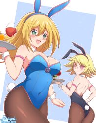 Rule 34 | 2girls, absurdres, animal ears, ass, back, bare shoulders, blonde hair, blue background, blush, blush stickers, breasts, bunny day, cleavage, dark magician girl, detached collar, duel monster, gagaga girl, green eyes, highres, ken-pai (kenpai arts), large breasts, leotard, long hair, looking at viewer, multiple girls, open mouth, playboy bunny, rabbit ears, rabbit tail, red eyes, short hair, sideboob, simple background, tail, thighhighs, tray, wrist cuffs, yu-gi-oh!