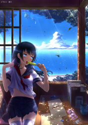 Rule 34 | 1girl, black hair, blue eyes, blush, book, cellphone, chair, clothes pull, cloud, day, eraser, food, gloves, highres, holding, indoors, kazeno, long hair, navel, open book, open mouth, original, paper, phone, popsicle, school uniform, serafuku, shirt pull, sitting, skirt, solo, thighhighs, water, white gloves, wind, wind chime, zettai ryouiki