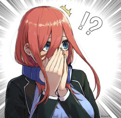 Rule 34 | !?, 1girl, ^^^, black jacket, blue eyes, blush, breasts, brown hair, commentary request, covering own mouth, emphasis lines, eyebrows hidden by hair, go-toubun no hanayome, hair between eyes, hair over one eye, headphones, headphones around neck, irarei (araisanblog), jacket, large breasts, long hair, looking to the side, nakano miku, own hands together, parody, school uniform, simple background, solo, twitter username, uniform, upper body, white background