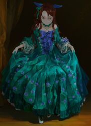 Rule 34 | 1girl, alternate costume, blue bow, blue flower, blue rose, bow, brown hair, choker, closed mouth, dress, ear covers, flower, full body, green bow, green choker, green dress, hair bow, highres, horse girl, king halo (umamusume), long hair, looking at viewer, red eyes, rid0922, rose, solo, umamusume, white footwear