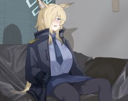 Rule 34 | 1girl, animal ears, black jacket, black pantyhose, blonde hair, blue archive, blue eyes, blue hair, blue necktie, blue shirt, blue skirt, casting couch, collared shirt, couch, dog ears, dog girl, extra ears, fang, gurenola, hair over one eye, indoors, jacket, kanna (blue archive), long hair, long sleeves, manatsu no yo no inmu, meme, necktie, on couch, open mouth, pantyhose, pencil skirt, shirt, sitting, skirt, solo, yajuu senpai, yjsnpi interview (meme)