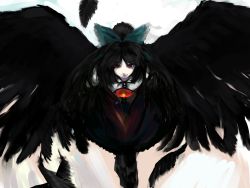 Rule 34 | 1girl, black hair, black wings, bow, feathers, female focus, hair bow, highres, large wings, leaning forward, licking lips, long hair, pale skin, ponytail, red eyes, reiuji utsuho, revision, sinzan, smile, solo, third eye, tongue, tongue out, touhou, wings