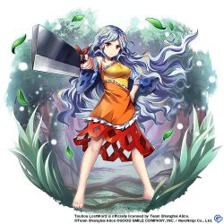 Rule 34 | 1girl, barefoot, breasts, cleaver, copyright notice, detached sleeves, dress, grass, hashitsuki nata, large breasts, leaf, long hair, looking at viewer, multicolored clothes, multicolored dress, nata (tool), official art, orange dress, red dress, red eyes, rotte (1109), sakata nemuno, single-shoulder dress, single bare shoulder, single strap, solo, touhou, touhou lostword, transparent background, wavy hair, white hair, yellow dress