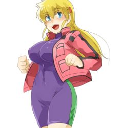 Rule 34 | 1girl, blonde hair, blue eyes, blush, bodysuit, bodysuit under clothes, breasts, clenched hands, commentary request, covered erect nipples, covered navel, cropped legs, fighting stance, fuurinji miu, hair down, hair ornament, hairclip, hannpen5500, jacket, large breasts, long hair, looking at viewer, mole, mole under eye, open clothes, open jacket, open mouth, red jacket, shijou saikyou no deshi ken&#039;ichi, simple background, skin tight, solo, standing, teeth, unitard, upper teeth only, white background