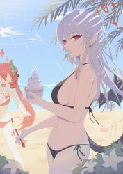 Rule 34 | 2girls, absurdres, alternate costume, beach, bikini, black tail, black wings, blue archive, demon wings, food, grey hair, halo, haruna (blue archive), highres, ice cream, junko (blue archive), multiple girls, navel, piercing, red eyes, red hair, seizou hidzuke, single wing, swimsuit, tail, wing piercing, wings