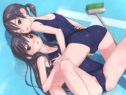 Rule 34 | 2girls, ;q, ass, black eyes, black hair, grabbing another&#039;s breast, broom, clothes pull, empty pool, grabbing, hair ornament, hairclip, looking back, multiple girls, one-piece swimsuit, one-piece swimsuit pull, one eye closed, original, pool, school swimsuit, shadow, shimano natsume, shiny clothes, shiny skin, spread legs, swimsuit, tongue, tongue out, wink, yuri