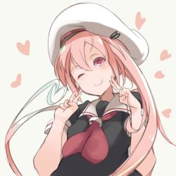 Rule 34 | 10s, 1girl, ;), beret, blue hair, double v, gradient hair, harusame (kancolle), hat, heart, heart background, heart hair, kantai collection, multicolored hair, norata (artist), one eye closed, pink eyes, pink hair, school uniform, serafuku, side ponytail, smile, v, wink