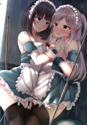 Rule 34 | 2girls, against wall, apron, bare shoulders, black hair, black legwear, breasts, cleavage, collarbone, commentary request, cowboy shot, dress, eye contact, frilled apron, frills, from side, garter belt, green eyes, highres, hiragi ringo, lips, long hair, looking at another, maid, maid apron, maid headdress, multiple girls, orange hair, original, parted lips, pink lips, short dress, short hair, silver hair, swept bangs, thighhighs, thighs, waist apron, white apron, wooden wall, yuri, zettai ryouiki