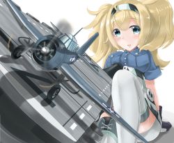 Rule 34 | 1girl, aircraft, airplane, belt buckle, blonde hair, blue eyes, breast pocket, breasts, buckle, buttons, flight deck, gambier bay (kancolle), gloves, hair between eyes, highres, kantai collection, large breasts, long hair, pocket, redundant-cat, shorts, solo, tbf avenger, thighhighs, twintails, white gloves, white thighhighs