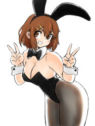 Rule 34 | 1girl, absurdres, animal ears, bad id, bad twitter id, black leotard, black neckwear, black pantyhose, breasts, brown eyes, brown hair, cleavage, cowboy shot, detached collar, double v, fake animal ears, grin, highres, hirasawa yui, k-on!, leaning forward, leotard, looking at viewer, medium breasts, pantyhose, playboy bunny, rabbit ears, rabbit tail, short hair, simple background, smile, solo, strapless, strapless leotard, tail, toshinoshin, v, white background, wrist cuffs