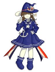 Rule 34 | 1girl, absurdres, anchor, bow, braid, brown hair, colored skin, commission, dress, full body, funamusea, grey eyes, hat, hat bow, highres, long hair, narumizo, oounabara to wadanohara, pointy ears, sailor dress, simple background, twin braids, wadanohara, watermark, white background, white skin, witch, witch hat
