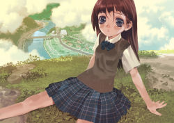 Rule 34 | 1girl, arm support, bad id, bad pixiv id, blue bow, blue bowtie, blue eyes, blue skirt, bow, bowtie, breasts, brown hair, cityscape, cloud, collared shirt, grass, highres, hill, long hair, looking at viewer, miniskirt, okayu (crosspoint), plaid, plaid skirt, river, road, scenery, school uniform, shirt, short sleeves, sitting, skirt, small breasts, solo, sweater, sweater vest, water, white shirt