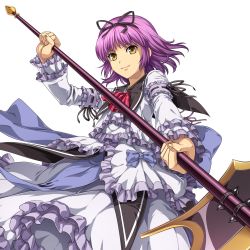 Rule 34 | 1girl, artist request, breasts, eiyuu densetsu, falcom, frills, hair ribbon, highres, holding, holding weapon, long sleeves, official art, purple hair, renne (eiyuu densetsu), ribbon, sen no kiseki, short hair, simple background, solo, transparent background, weapon, white background, yellow eyes