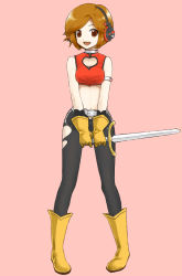 Rule 34 | 1girl, aged down, belt, boots, breasts, brown eyes, brown hair, clothing cutout, cosplay, cutie honey, cutie honey (character), cutie honey (character) (cosplay), cutie honey (cosplay), daigoman, full body, gloves, headphones, heart, heart cutout, magical girl, medium breasts, meiko (vocaloid), microphone, sakine meiko, short hair, simple background, solo, standing, sword, vocaloid, weapon