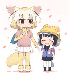Rule 34 | 10s, 2girls, :d, ^ ^, animal ears, backpack, bag, blonde hair, brown eyes, cherry blossoms, chibi, commentary, common raccoon (kemono friends), elbow gloves, closed eyes, fennec (kemono friends), fox ears, fox tail, gloves, grey hair, holding hands, hat, kemono friends, multicolored hair, multiple girls, open mouth, pleated skirt, randoseru, school bag, school hat, skirt, smile, sweater, tail, thick eyebrows, thighhighs, toshi mellow-pretty, two-tone hair, aged down