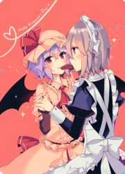 Rule 34 | 2girls, apron, blue eyes, blue hair, blush, candy, chocolate, chocolate heart, commentary request, eye contact, food, food in mouth, frilled apron, frills, happy valentine, hat, hat ribbon, heart, heart of string, highres, holding hands, izayoi sakuya, juliet sleeves, kirero, long sleeves, looking at another, maid apron, maid headdress, mob cap, multiple girls, pink hat, puffy sleeves, red background, red eyes, red ribbon, remilia scarlet, ribbon, shared food, short hair, silver hair, simple background, sparkle, touhou, valentine, yuri