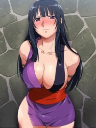 Rule 34 | 1girl, against wall, arms behind back, bdsm, black hair, blush, bondage, bound, breasts, character request, cleavage, collarbone, covered erect nipples, curvy, inumiso, large breasts, long hair, nuki ana kunoichi, purple eyes, rope, sash, solo, sweat, wall