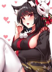 Rule 34 | 1girl, animal ears, azur lane, bad id, bad twitter id, black hair, black kimono, blush, breasts, commentary request, covered erect nipples, fang, fox mask, fox shadow puppet, hair ribbon, heart, heart-shaped pupils, japanese clothes, kaerunoko, kimono, large breasts, leg up, looking at viewer, mask, mask on head, \\n/, open mouth, red eyes, ribbon, saliva, saliva trail, short hair, sideboob, simple background, smile, solo, sweat, symbol-shaped pupils, thick eyebrows, thighhighs, tongue, tongue out, white thighhighs, yamashiro (azur lane)