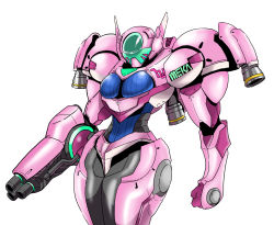 Rule 34 | 1girl, absurdres, adapted costume, armor, artist request, boobplate, breastplate, crossover, d.va (overwatch), facial mark, highres, meka (overwatch), metroid, nintendo, overwatch, overwatch 1, pink armor, power armor, power suit, solo, varia suit, whisker markings, white background