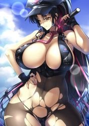 Rule 34 | 1girl, black gloves, black hair, black one-piece swimsuit, bodystocking, breasts, brown eyes, cleavage, cloud, covered navel, facial mark, fate/grand order, fate (series), fingerless gloves, forehead mark, gloves, gluteal fold, haganef, hat, holding, huge breasts, lens flare, light stick, long hair, multicolored hair, ok sign, one-piece swimsuit, parted bangs, pink hair, police hat, ponytail, sessyoin kiara, sessyoin kiara (swimsuit mooncancer), sky, smile, solo, streaked hair, swimsuit, very long hair