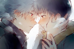 Rule 34 | 11kkr, 2boys, blush, brown eyes, brown hair, closed mouth, coat, cold, from side, hand on another&#039;s cheek, hand on another&#039;s face, hand on another&#039;s hand, hands on another&#039;s wrists, holding, ikari shinji, jacket, light blush, looking at another, multiple boys, nagisa kaworu, neon genesis evangelion, portrait, red eyes, scarf, short hair, simple background, standing, white background, white hair, winter clothes