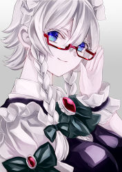 Rule 34 | 1girl, bad id, bad pixiv id, bespectacled, blue dress, blue eyes, bow, bowtie, braid, breasts, brooch, colored eyelashes, commentary request, dress, glasses, gradient background, green bow, green bowtie, grey background, hair between eyes, hair bow, hand up, highres, izayoi sakuya, jan (lightdragoon), jewelry, large breasts, light particles, looking at viewer, maid, maid headdress, puffy short sleeves, puffy sleeves, red-framed eyewear, shirt, short hair, short sleeves, silver hair, smile, solo, touhou, twin braids, upper body, white shirt, wrist cuffs