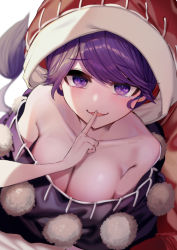 Rule 34 | 1girl, black capelet, blue eyes, blue hair, breasts, capelet, cleavage, doremy sweet, dress, hat, highres, ishikawa sparerib, large breasts, multicolored clothes, multicolored dress, nightcap, nightgown, pom pom (clothes), red hat, short hair, solo, touhou