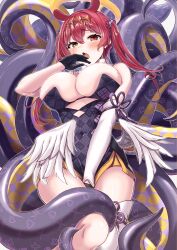 Rule 34 | 1girl, absurdres, black dress, black gloves, blush, breasts, cleavage, collar, cosplay, detached collar, detached sleeves, dress, gloves, heterochromia, highres, hololive, hololive english, houshou marine, huge breasts, long hair, looking at viewer, ninomae ina&#039;nis, ninomae ina&#039;nis (1st costume), ninomae ina&#039;nis (cosplay), ooike teru, red eyes, red hair, single detached sleeve, single thighhigh, smile, solo, strapless, strapless dress, tentacle hair, tentacles, thighhighs, tube dress, two side up, virtual youtuber, white collar, white sleeves, white thighhighs, yellow eyes
