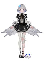 Rule 34 | 1girl, absurdres, bandages, black dress, black skirt, dress, feathers, full body, grey wings, highres, looking at viewer, low wings, official art, re:act, short hair, simple background, skirt, takubon, usuwa suu, virtual youtuber, white background, white feathers, white wings, wings