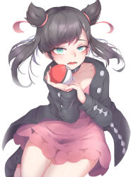 Rule 34 | 1girl, aqua eyes, asymmetrical bangs, asymmetrical hair, black hair, black jacket, blush, breasts, choker, commentary request, creatures (company), dress, earrings, game freak, hair ribbon, highres, holding, holding poke ball, jacket, jewelry, long hair, long sleeves, looking at viewer, marnie (pokemon), nintendo, open clothes, pink dress, poke ball, poke ball (basic), pokemon, pokemon swsh, red ribbon, ribbon, simple background, solo, twintails, white background, yogert chip