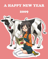 Rule 34 | 00s, 1girl, 2009, ahoge, animal print, cow, cow print, hashi, new year, solo, thighhighs