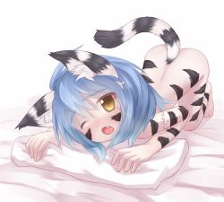 Rule 34 | 1girl, animal ears, bad id, bad pixiv id, blue hair, blush, borrowed character, fuurin rei, highres, nude, open mouth, original, simple background, solo, tail, top-down bottom-up, ueno musashi, white background, yellow eyes