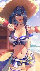 Rule 34 | 1girl, :d, absurdres, bare shoulders, beach, belt, bikini, bikini under shorts, black hair, black shorts, blue bikini, blue eyes, bow, breasts, breasts apart, chain, chain headband, cleavage, erasorpepero, front-tie bikini top, front-tie top, hair intakes, hat, headband, highleg, highleg bikini, highres, holding maraca, hololive, hololive english, hololive summer 2023 swimsuit, instrument, large breasts, layered bikini, legs apart, looking at viewer, maracas, navel, official alternate costume, open mouth, ouro kronii, outdoors, ribbon, short hair, shorts, smile, solo, straw hat, striped bikini, striped clothes, sun hat, swimsuit, thigh gap, thigh strap, virtual youtuber, waist bow, white belt, white bikini, wrist ribbon