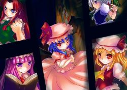 Rule 34 | 5girls, bad id, bad pixiv id, bat wings, blonde hair, blue eyes, blue hair, book, braid, china dress, chinese clothes, dress, female focus, flandre scarlet, hat, hong meiling, izayoi sakuya, long hair, maid, mikoto (mio), multiple girls, patchouli knowledge, ponytail, purple eyes, purple hair, red eyes, red hair, remilia scarlet, short hair, siblings, side ponytail, silver hair, sisters, embodiment of scarlet devil, touhou, twin braids, upper body, wings