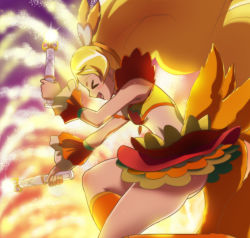 Rule 34 | &gt; &lt;, 10s, 1girl, :d, > <, blonde hair, blush, boots, cure honey, cure honey (coconut samba), dual wielding, closed eyes, from side, glowing, happinesscharge precure!, happy, haruyama kazunori, holding, long hair, magic, magical girl, midriff, oomori yuuko, open mouth, ponytail, precure, profile, smile, solo, sparkle, thighs, xd