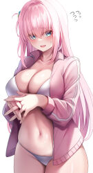 Rule 34 | 1girl, absurdres, blue eyes, blush, bocchi the rock!, bra, breasts, cleavage, collarbone, cube hair ornament, flying sweatdrops, gotoh hitori, hair between eyes, hair ornament, highres, jacket, large breasts, long hair, long sleeves, looking at viewer, nano (syoutamho), navel, one side up, open clothes, open jacket, open mouth, panties, pink hair, pink jacket, smile, solo, stomach, thighs, track jacket, underwear, white background, white bra, white panties